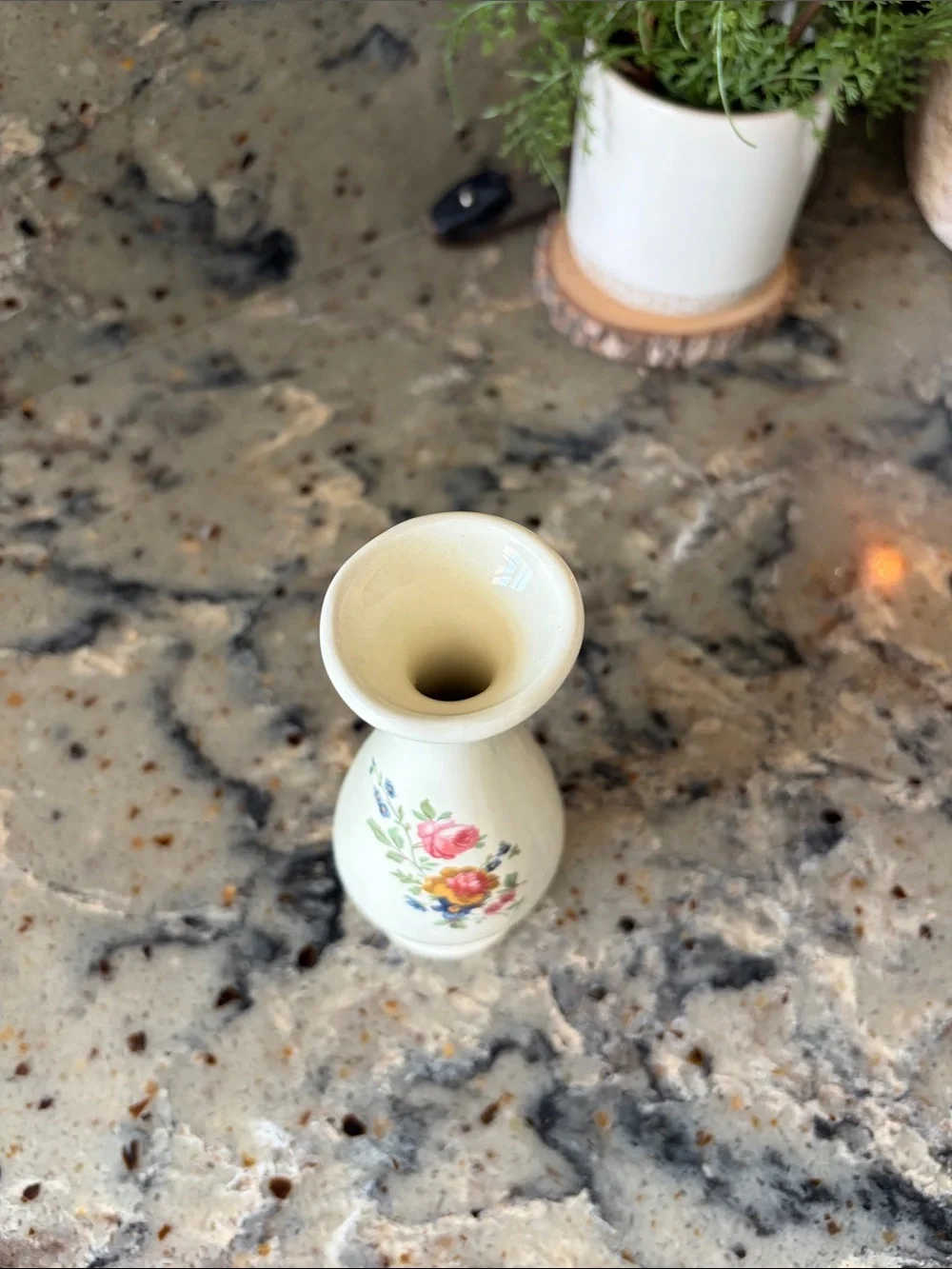 Vintage Mid Century Cream Floral Glazed Ceramic Slender Neck Bud Vase, 6.5” high